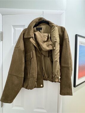 Zara Suede Bomber Jacket - Brown with removable hood